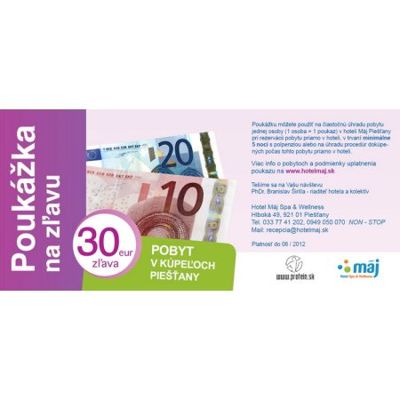 Poukážka na zľavu v hodnote 30€ - Hotel Máj